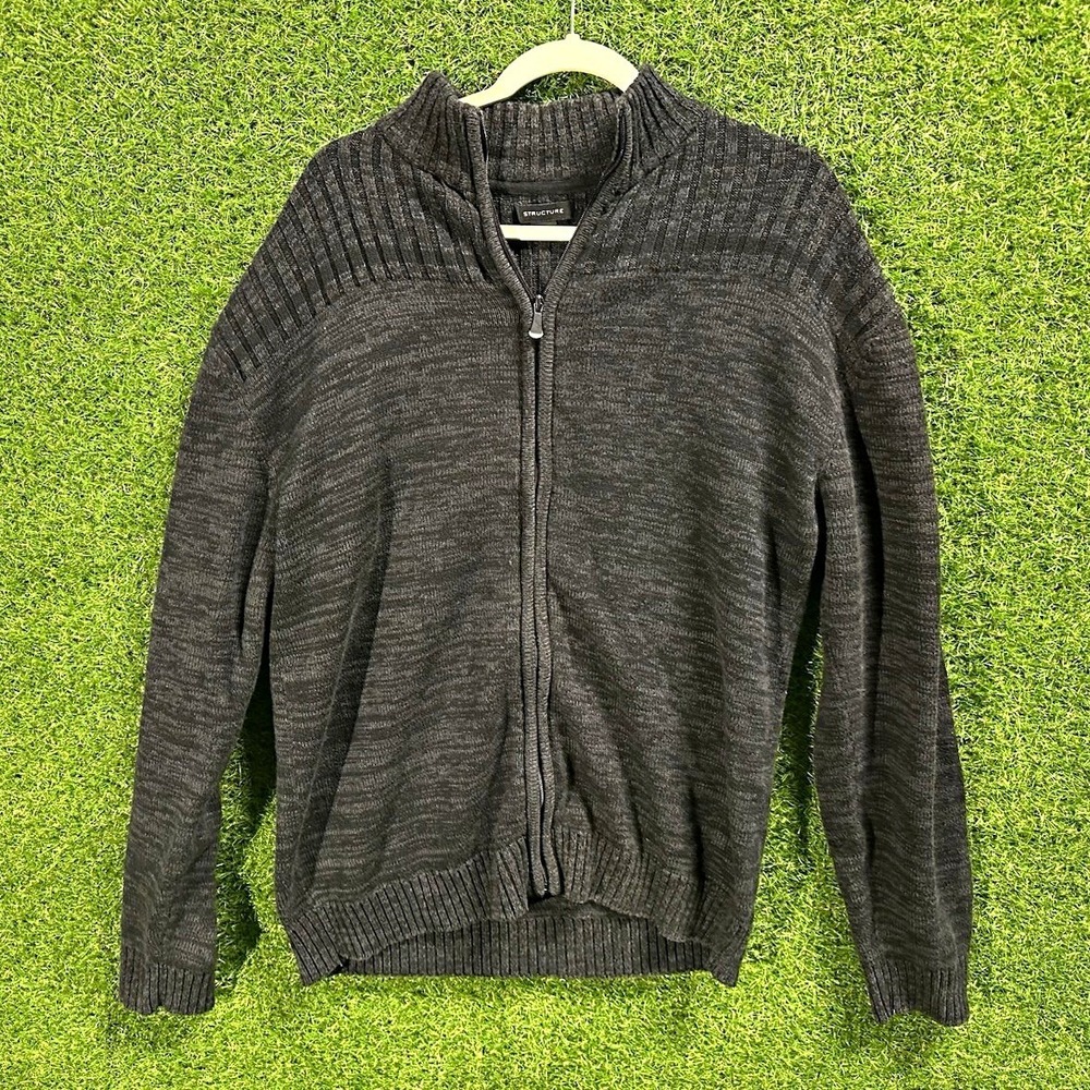 Structure Men's XXL Gray Solid Knit Mock Neck Full Zip Sweater Long Sleeve